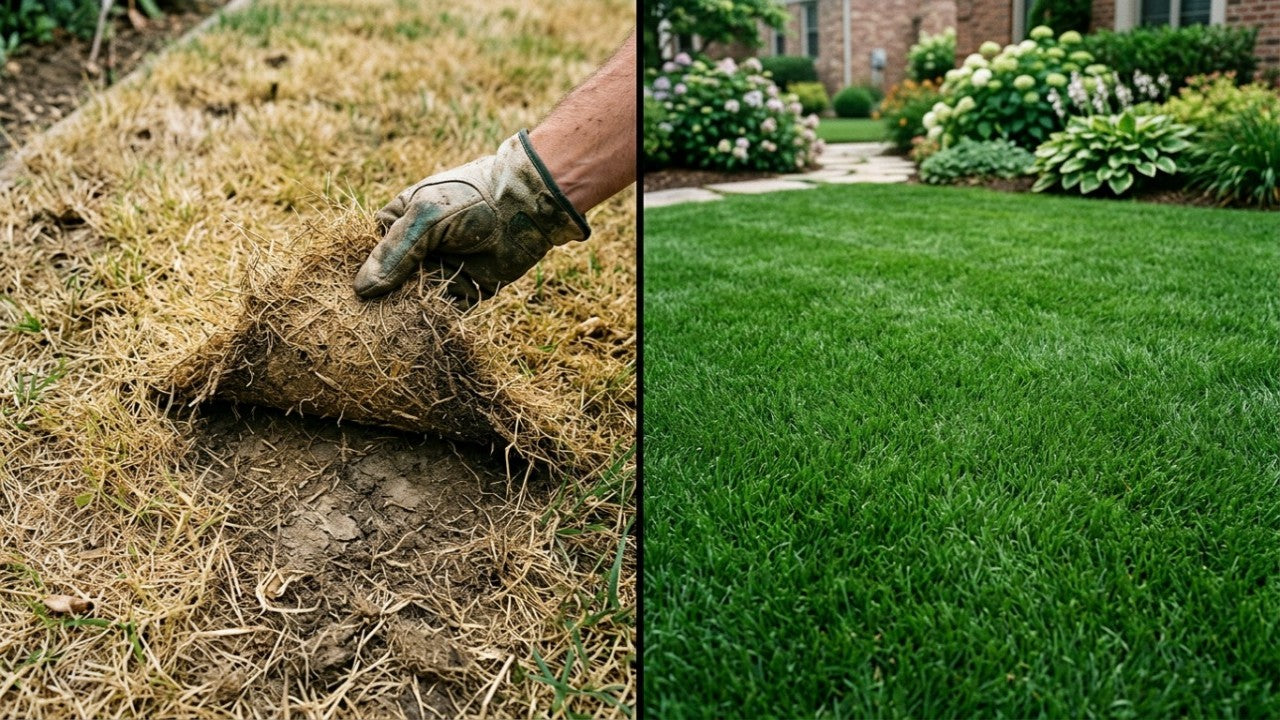 Een gespleten beeld dat links de zware schade van engerlingen toont waarbij dode grasmatten eenvoudig worden opgetild, en rechts een weelderig, gezond en felgroen gazon.