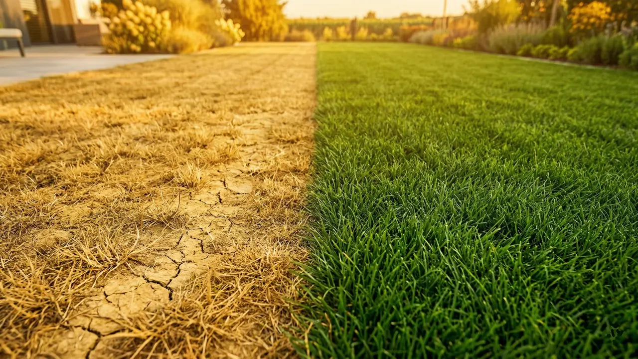 Een duidelijke zij-aan-zij vergelijking tussen een uitgedroogd, geel gazon en een gezond, diepgroen gazon na een succesvol herstel.