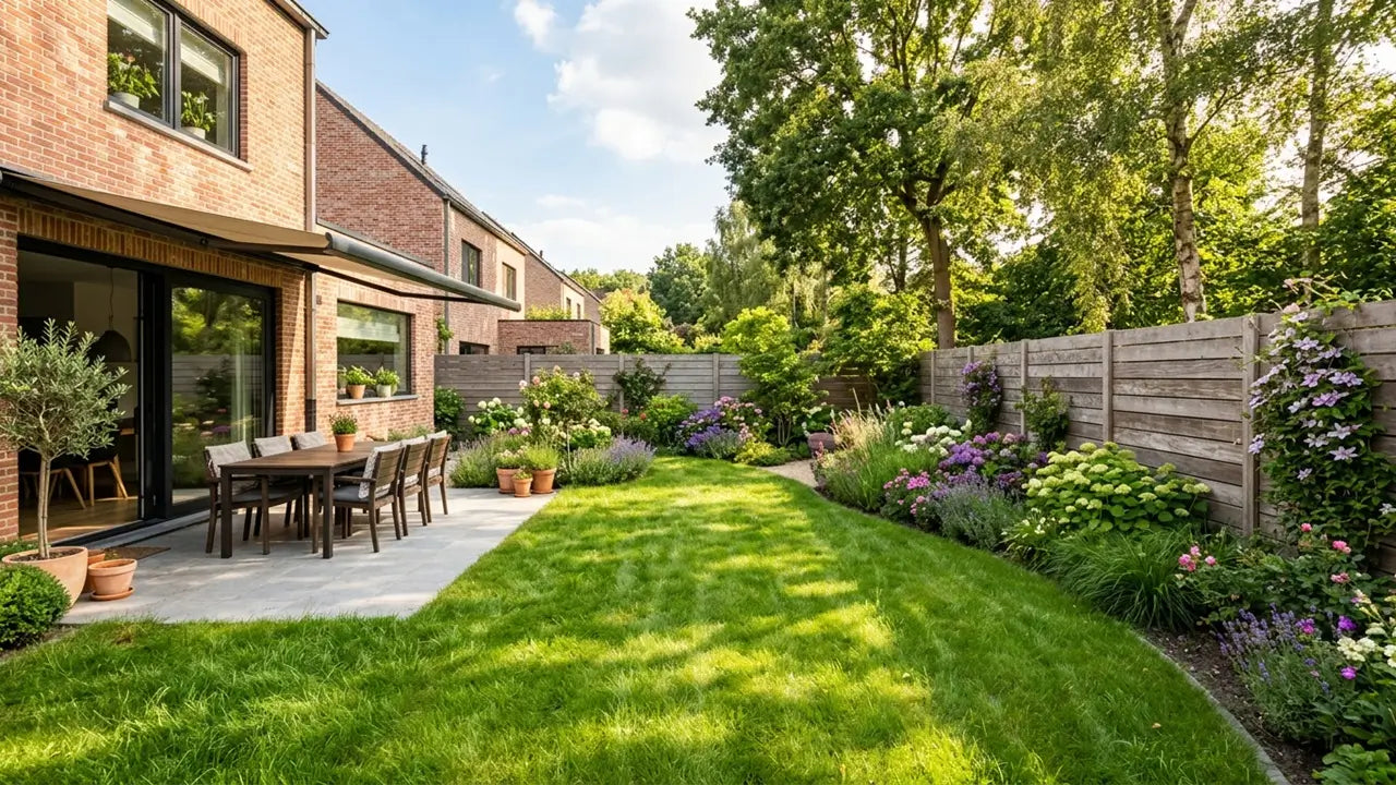 Een modern, zonnig Vlaams terras en achtertuin met een groen, gezond gazon dat iets langer is gelaten ter bescherming tegen de zomerhitte.