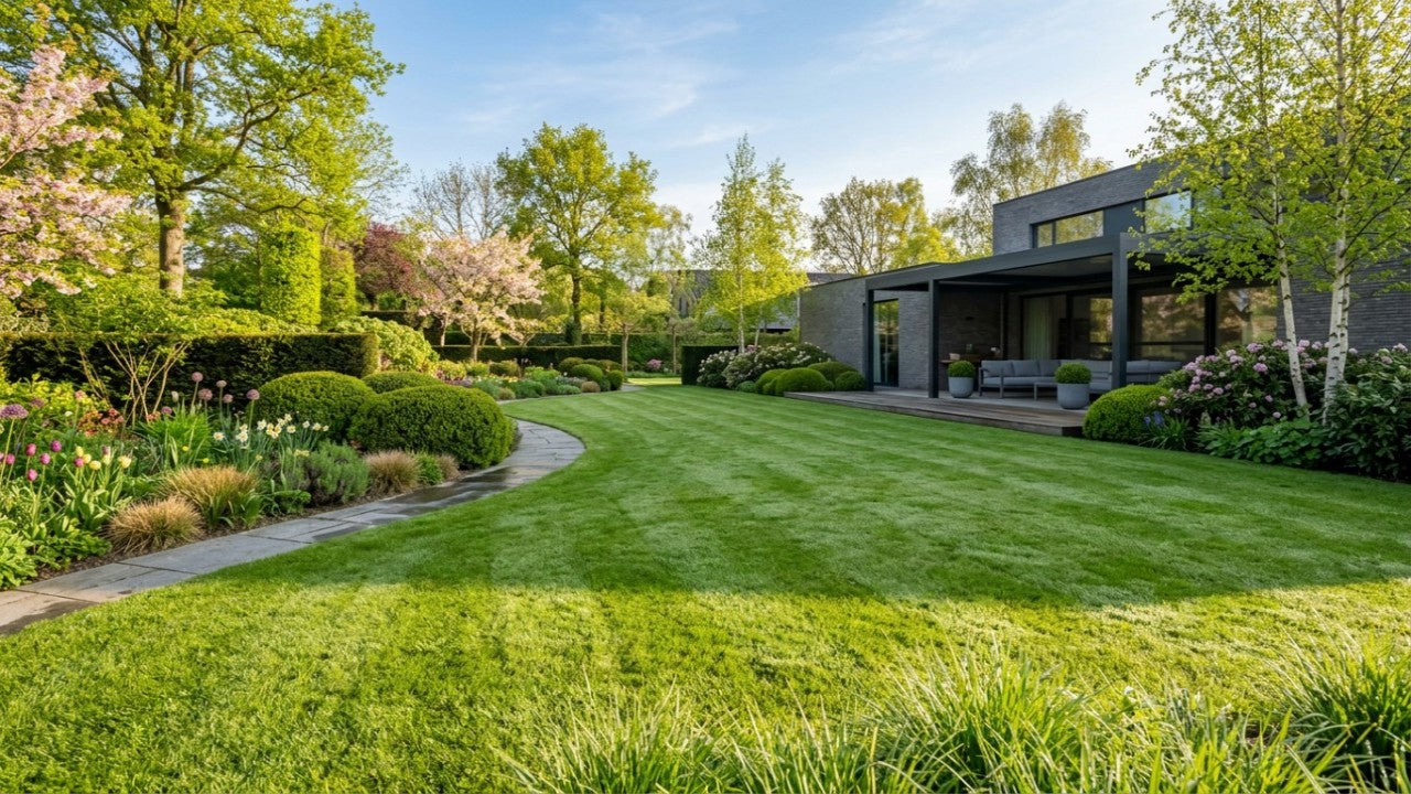 Een prachtig groen gazon in de lente, klaar voor de eerste maaibeurt bij de perfecte temperatuur.