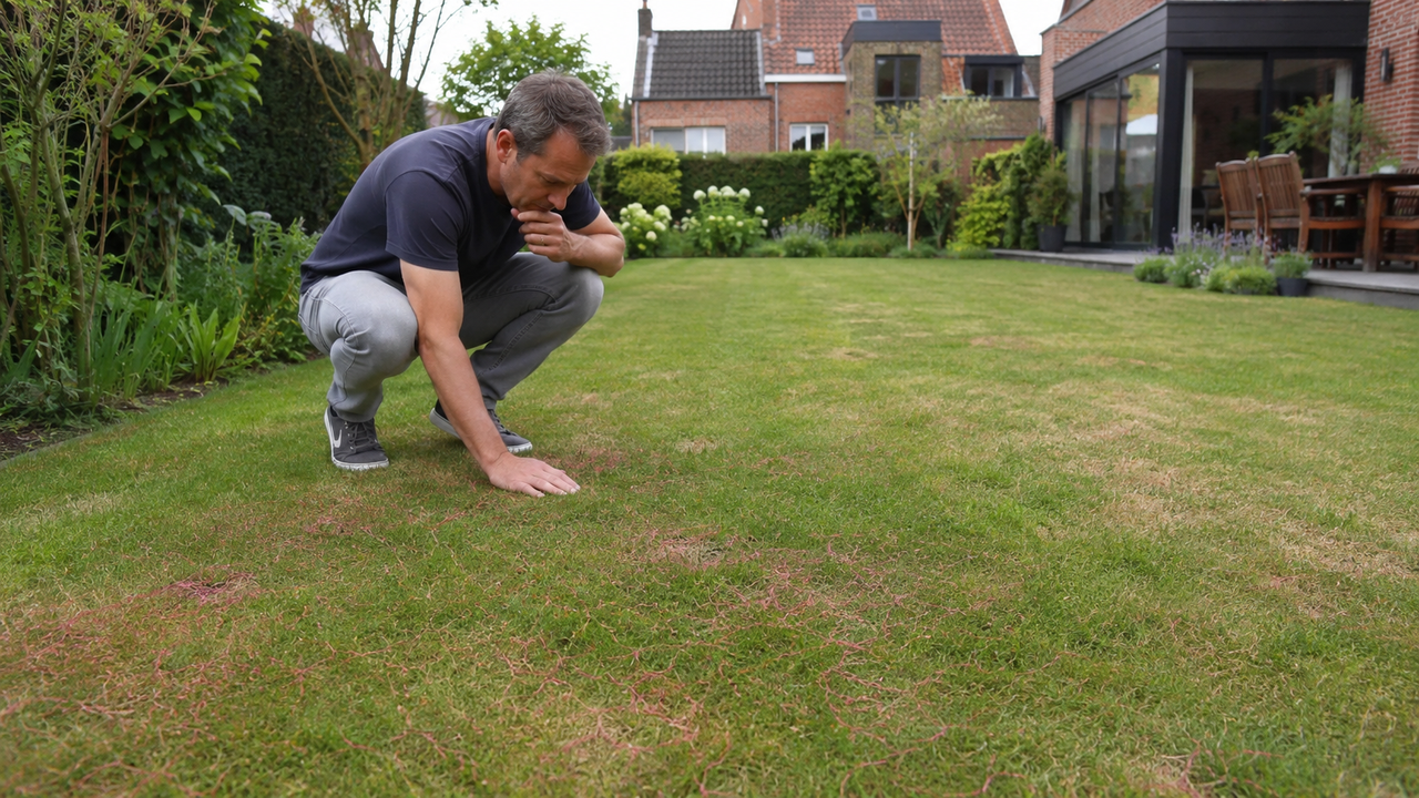 Man die gehurkt een tuingazon inspecteert met gele vlekken en rode schimmeldraden door rooddraad.