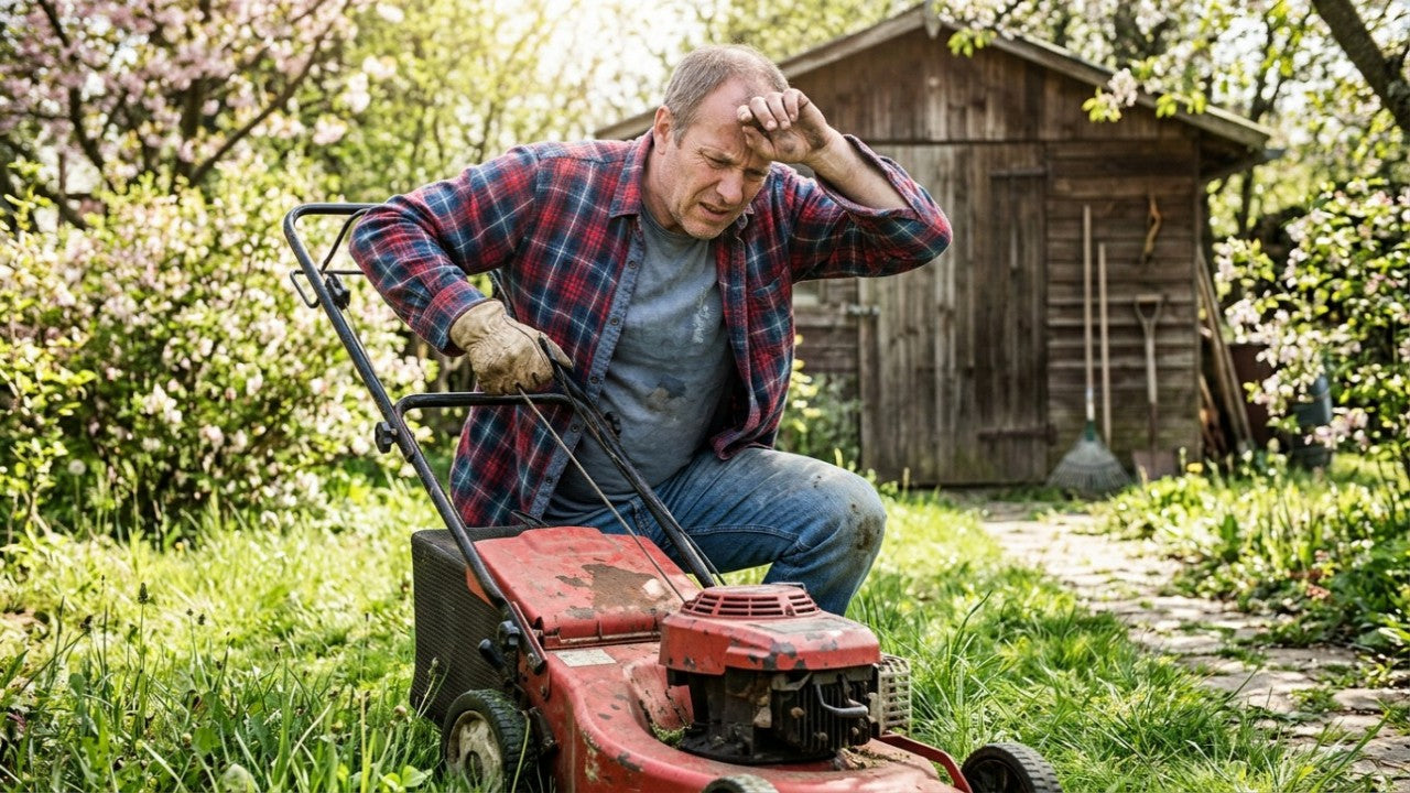 Een gefrustreerde man probeert tevergeefs zijn grasmaaier te starten in een lentetuin.