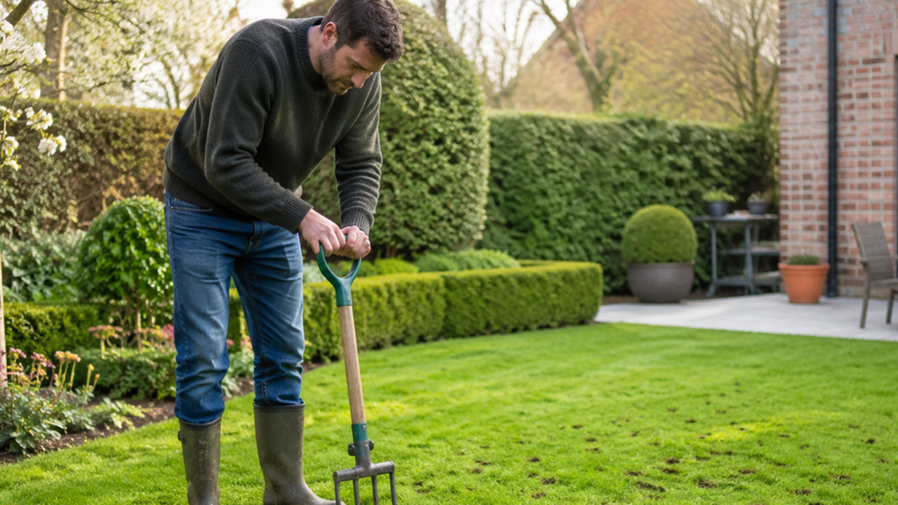 Een man die het gazon verticuteert in een verzorgde tuin.