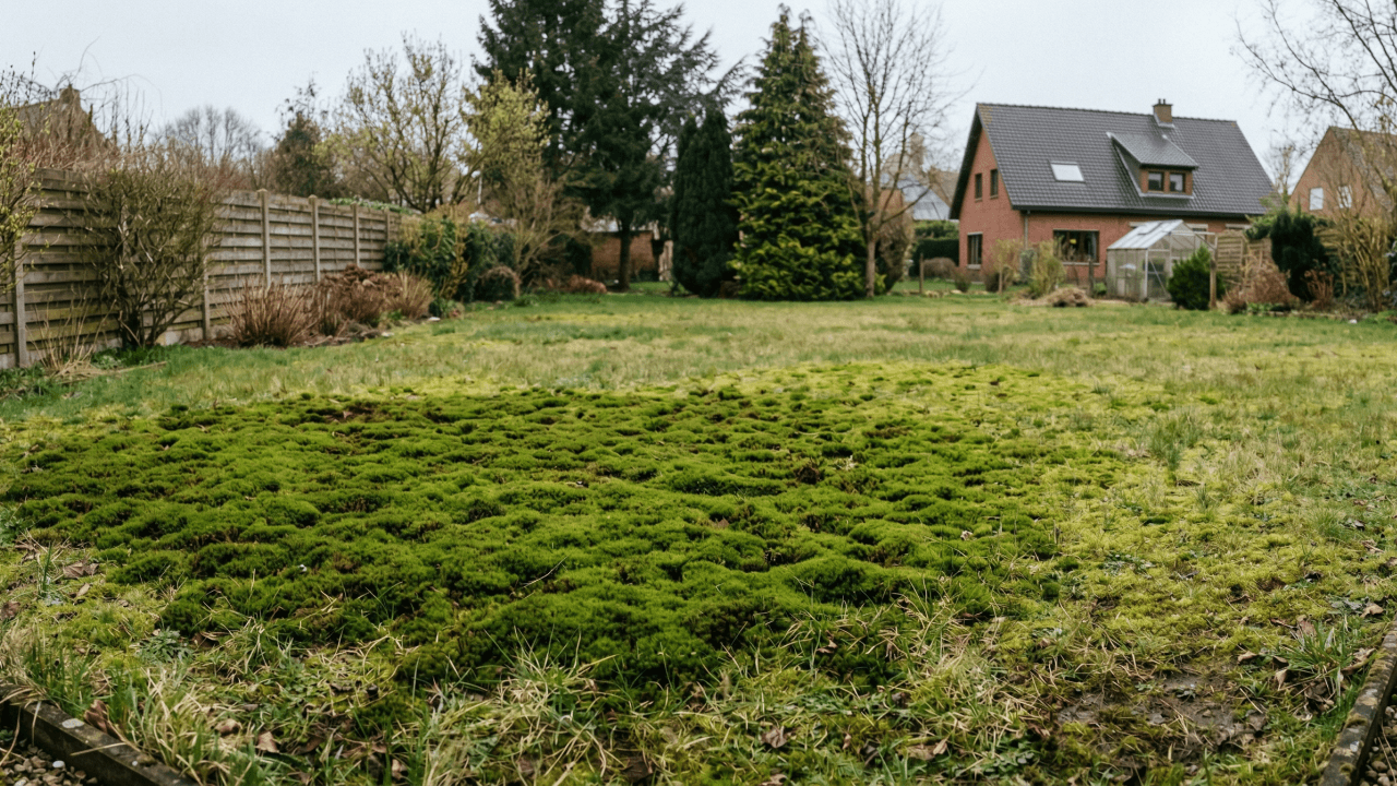 Een gazon in de lente dat grotendeels is overgenomen door zacht, groen mos.