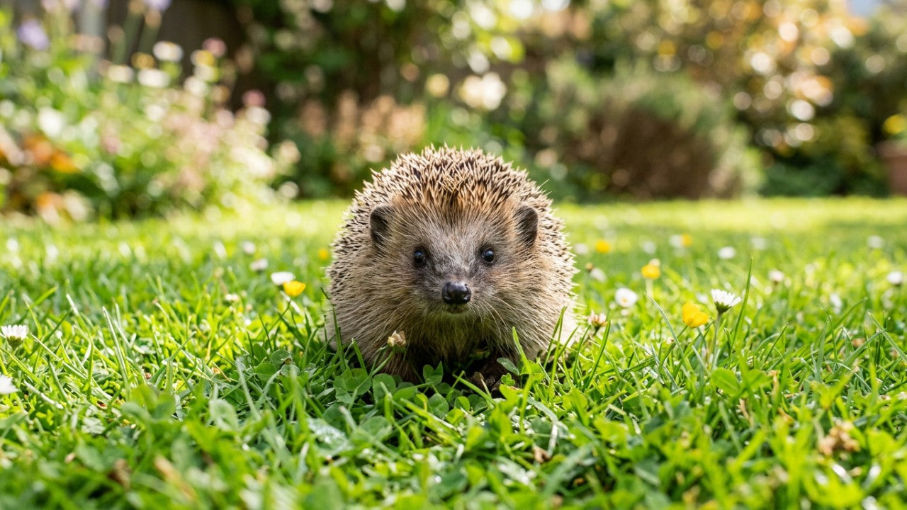 Een Europese egel die overdag veilig rust op een groen gazon in een diervriendelijke tuin.