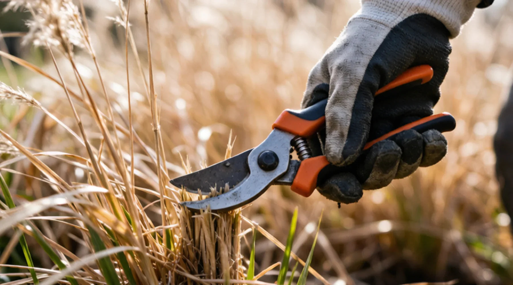 Een hand met tuinhandschoen knipt siergras terug met een snoeischaar in het vroege voorjaar.