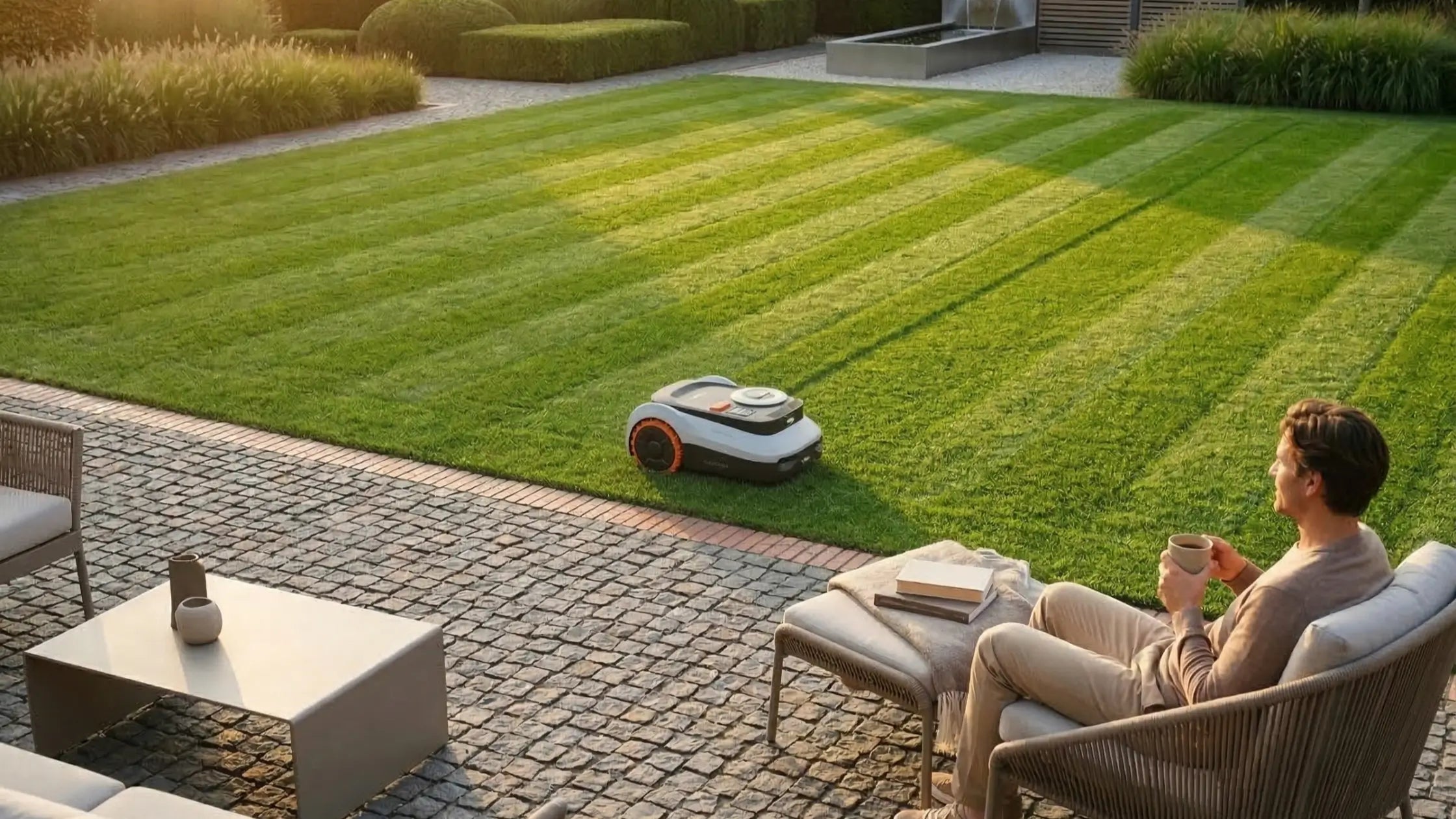 Een huiseigenaar ontspant op zijn terras terwijl zijn Navimow robotmaaier het gras maait, wat u helpt beslissen welke robotmaaier u voor uw tuin wilt kopen.