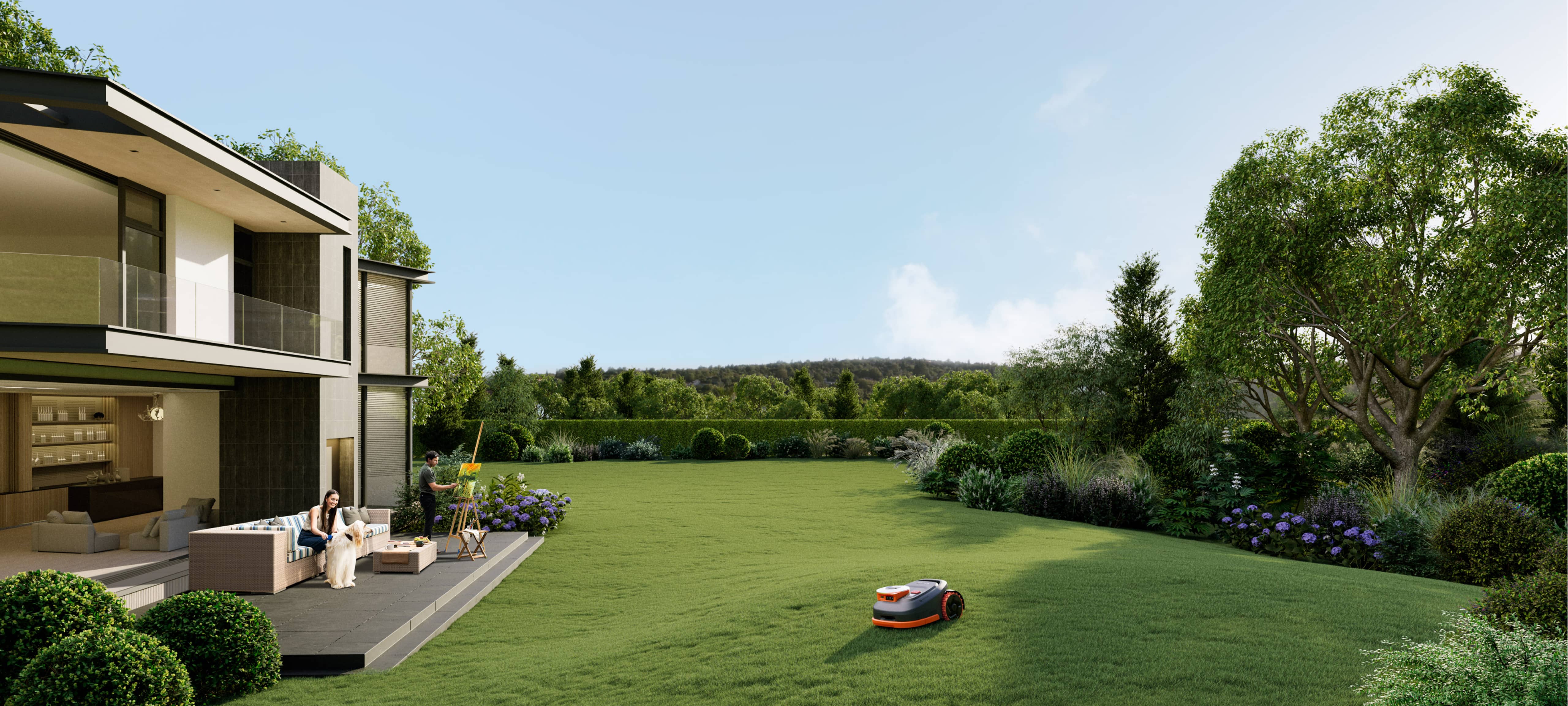 Navimow i110E robotmaaier maait het gras in een grote tuin.