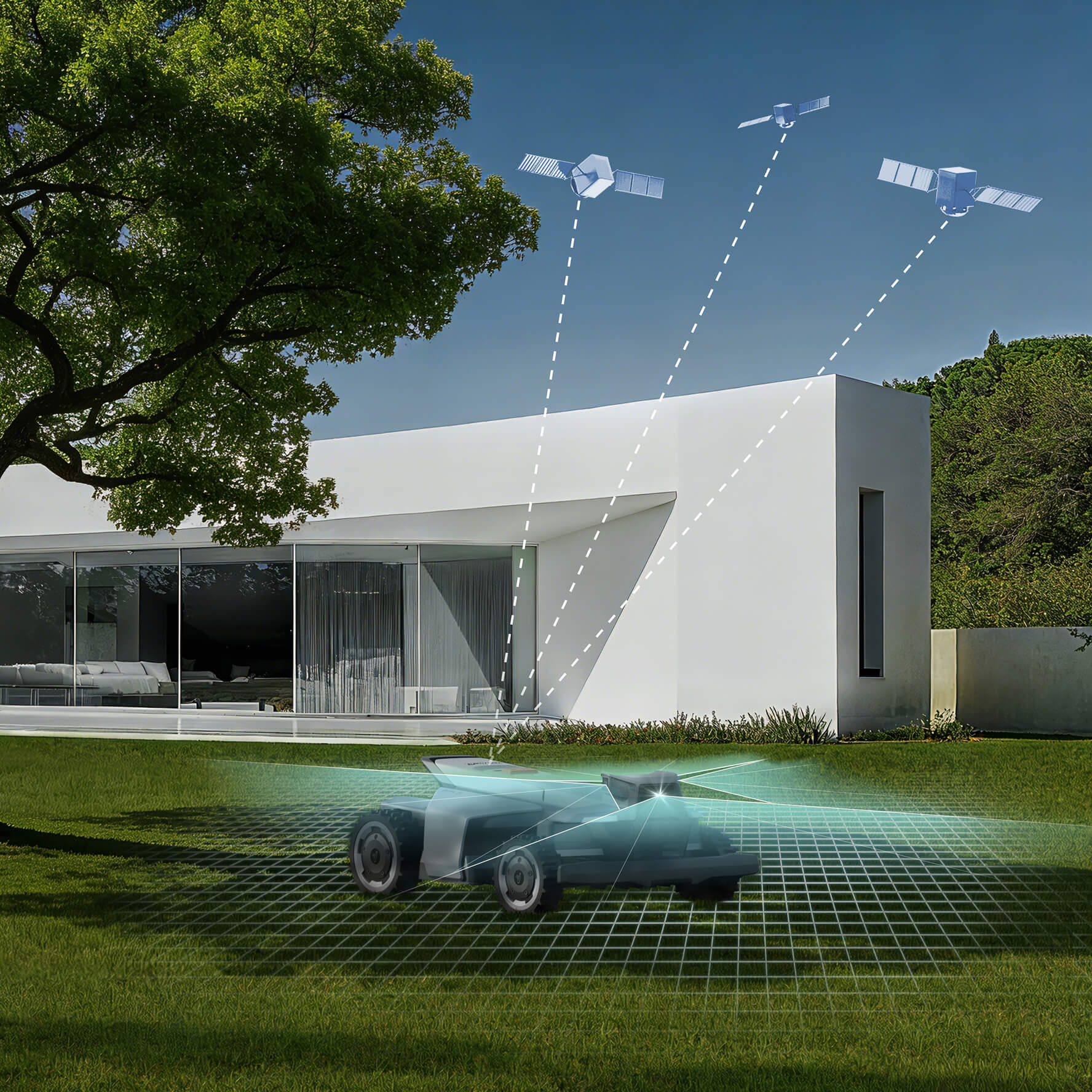 Navimow i105E robotmaaier maait het gazon voor een witte villa.