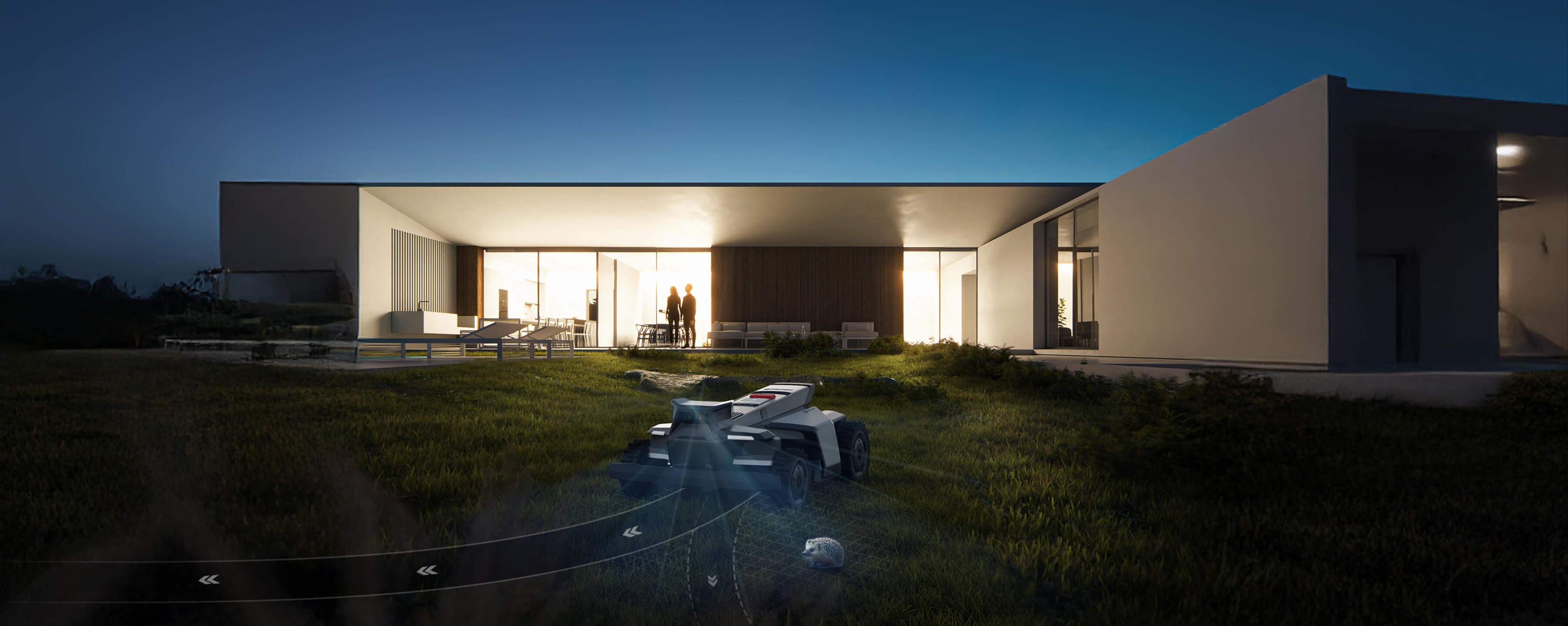 Navimow i110E robotmaaier maait het gazon bij een modern huis.