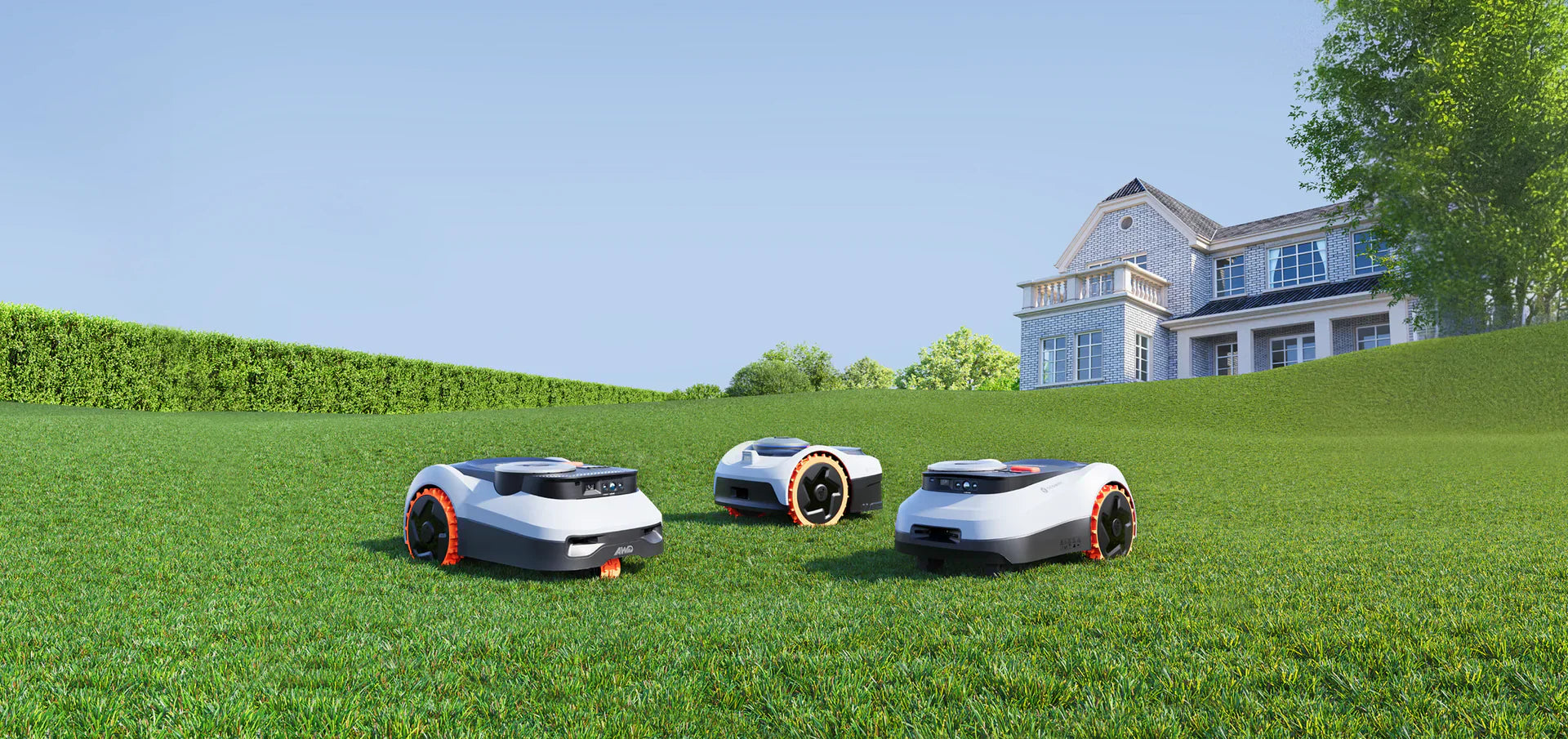 De beste robotmaaier van 2026 maait een perfect gazon bij een moderne villa in België.