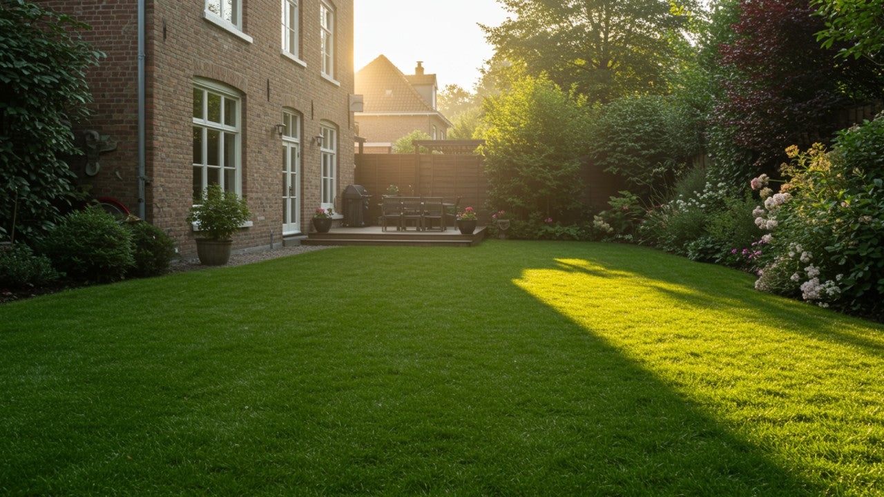 Een perfect diepgroen Belgisch gazon bij een klassieke woning in de ochtendzon.