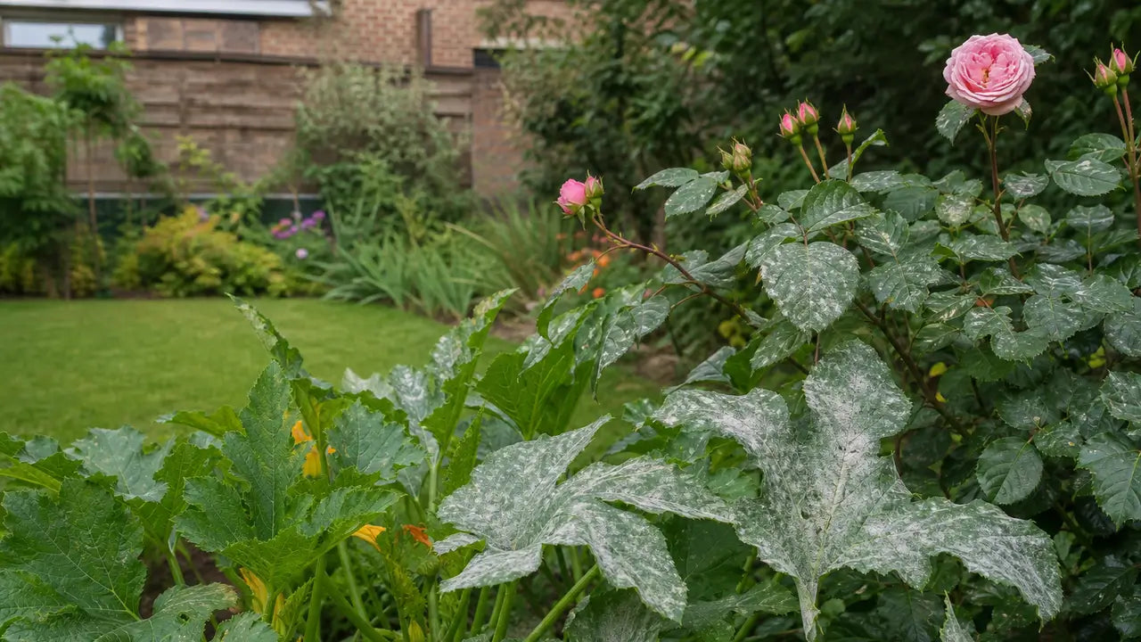 Grote, witte, poederachtige vlekken van echte meeldauw op de bladeren van een courgetteplant en een roos in de tuin.