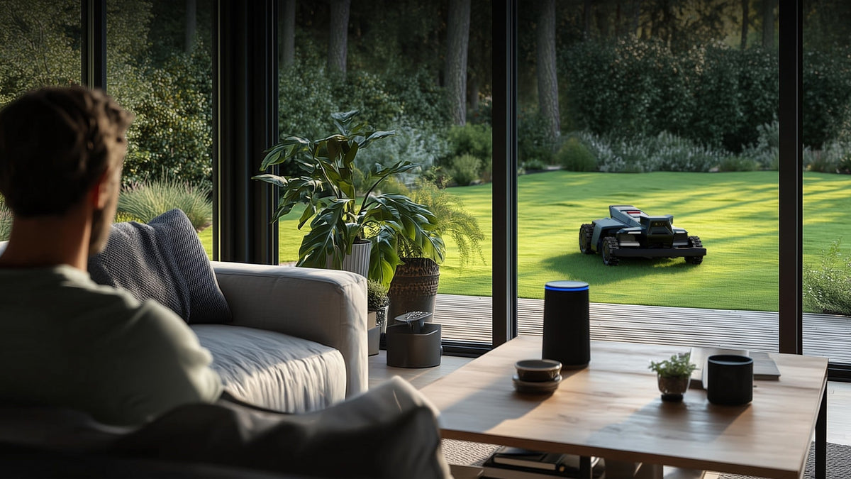 Een ontspannen persoon geniet van een moderne tuin terwijl een slimme elektrische robotmaaier met accu op de achtergrond het gras maait.