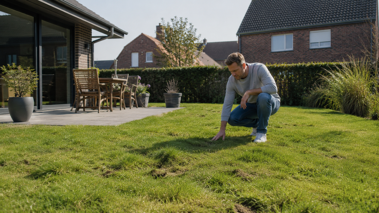 Tuinier die een hobbelig gazon met oneffenheden en kuilen inspecteert.