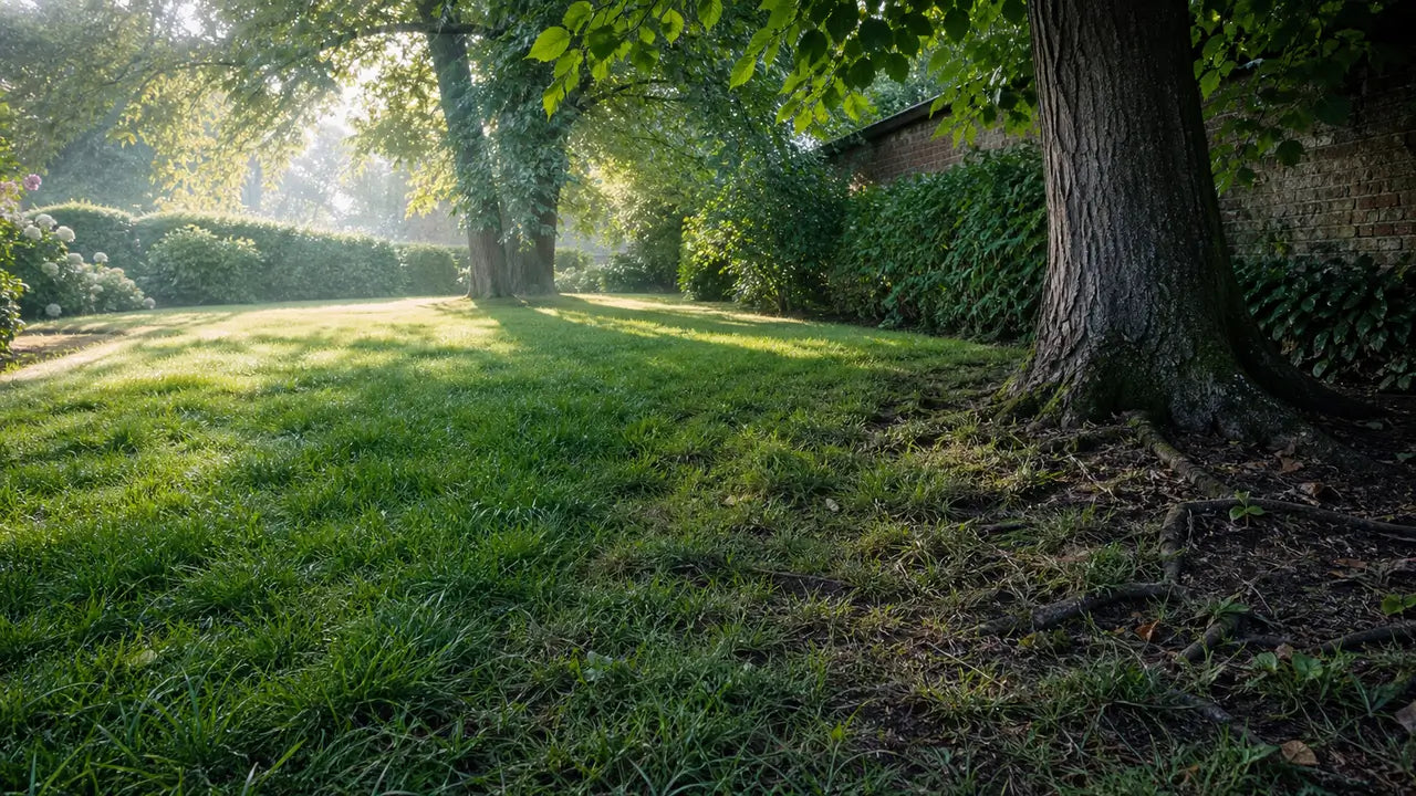 Een groen gazon in de schaduw onder bomen in een tuin, ideaal voor het kiezen van het juiste schaduwgraszaad.