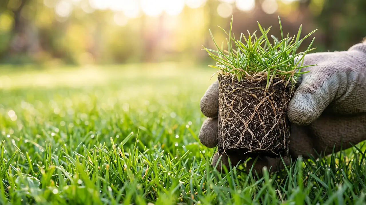 Tuinhandschoen houdt een plagje gras vast om de viltlaag en graswortels te inspecteren voor verticuteren.