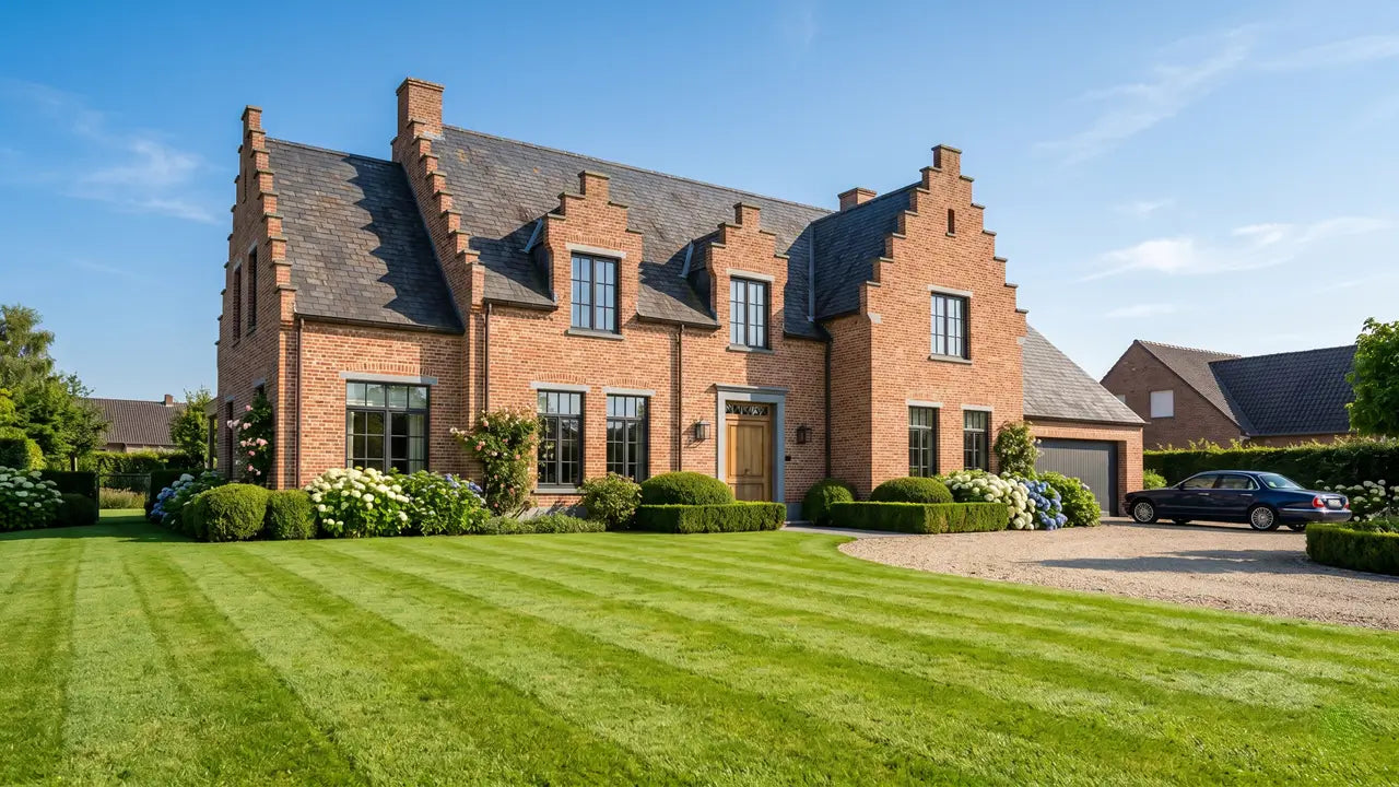 Een perfect gemaaid, groen gazon in een Vlaamse tuin tijdens de lente of zomer.