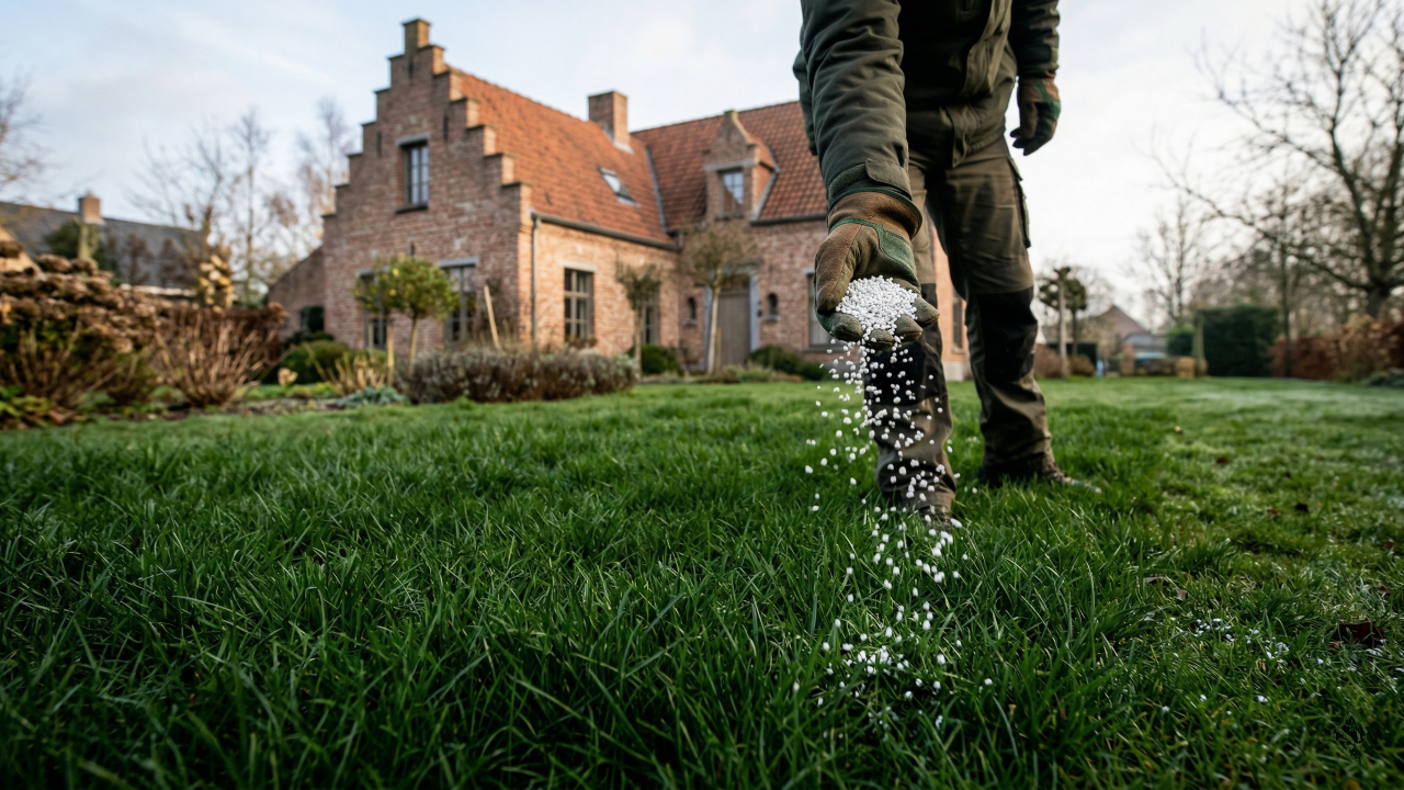 Een tuinier strooit de juiste hoeveelheid kalk op een prachtig groen gazon om bodemverzuring en mos te voorkomen.