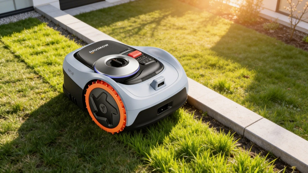 Een prachtig hersteld en groen gazon in een Vlaamse tuin met een NAVIMOW robotmaaier op de achtergrond.