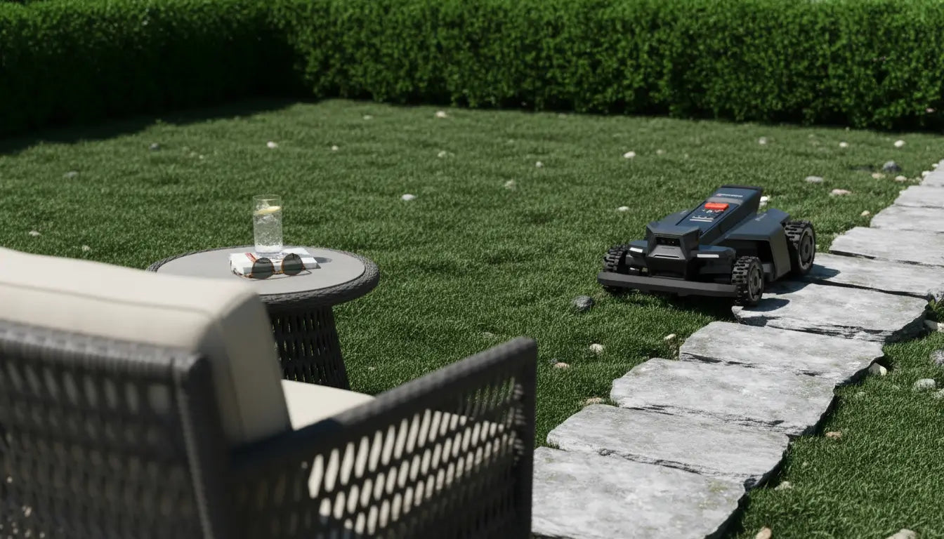 Perfect onderhouden, mosvrij groen gazon met een moderne robotmaaier in een Belgische tuin.