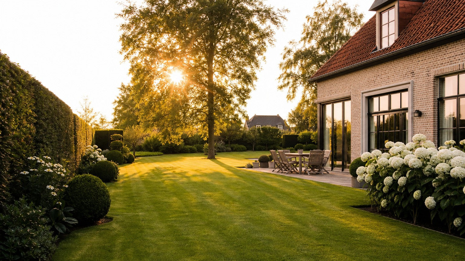 Een prachtig en strak gemaaid gazon in een residentiële tuin tijdens de namiddagzon in België.