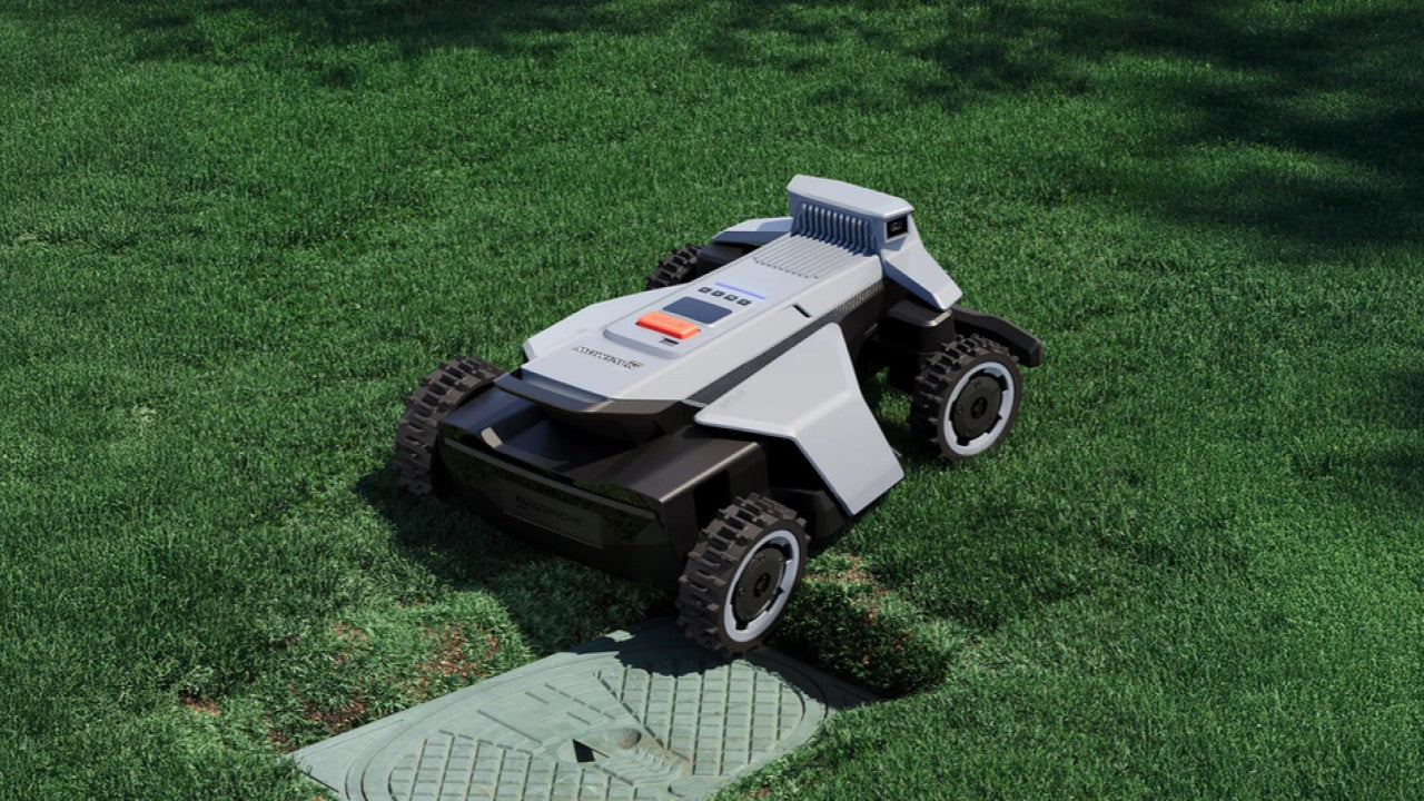Navimow X4 robotmaaier met gps aan het maaien op een strak gazon zonder perimeterdraad.