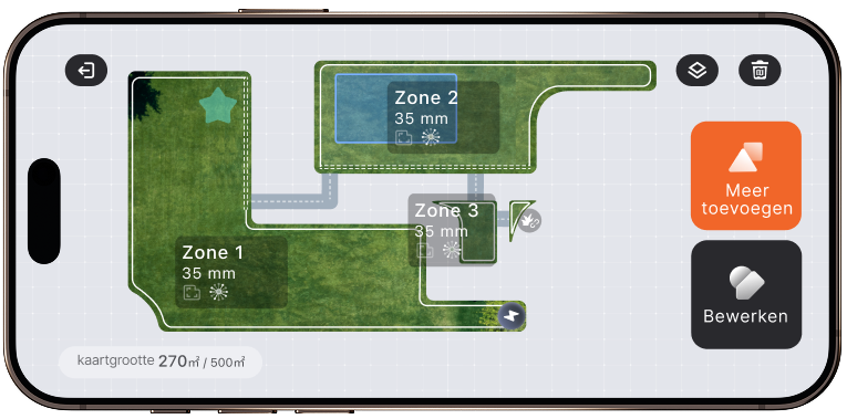 Navimow i105E robotmaaier toont drie maaizones op een mobiel scherm.