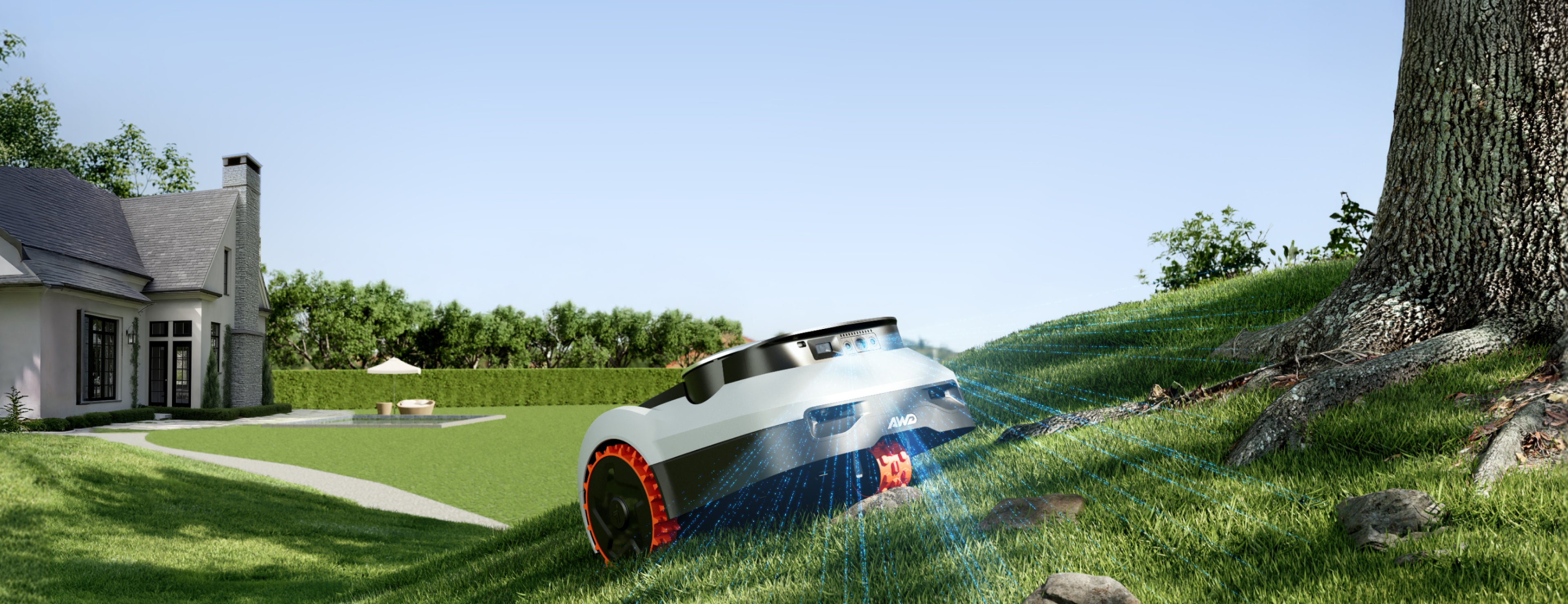 Navimow i robotmaaier op een groene heuvel bij een huis.