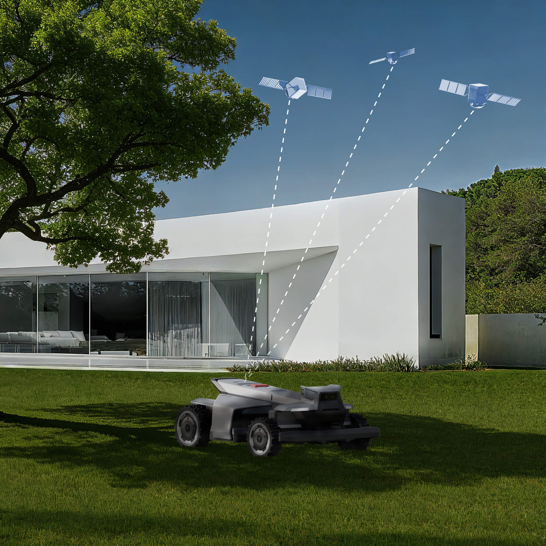 Segway Navimow i105E robotmaaier maait het groene gras onder boom.