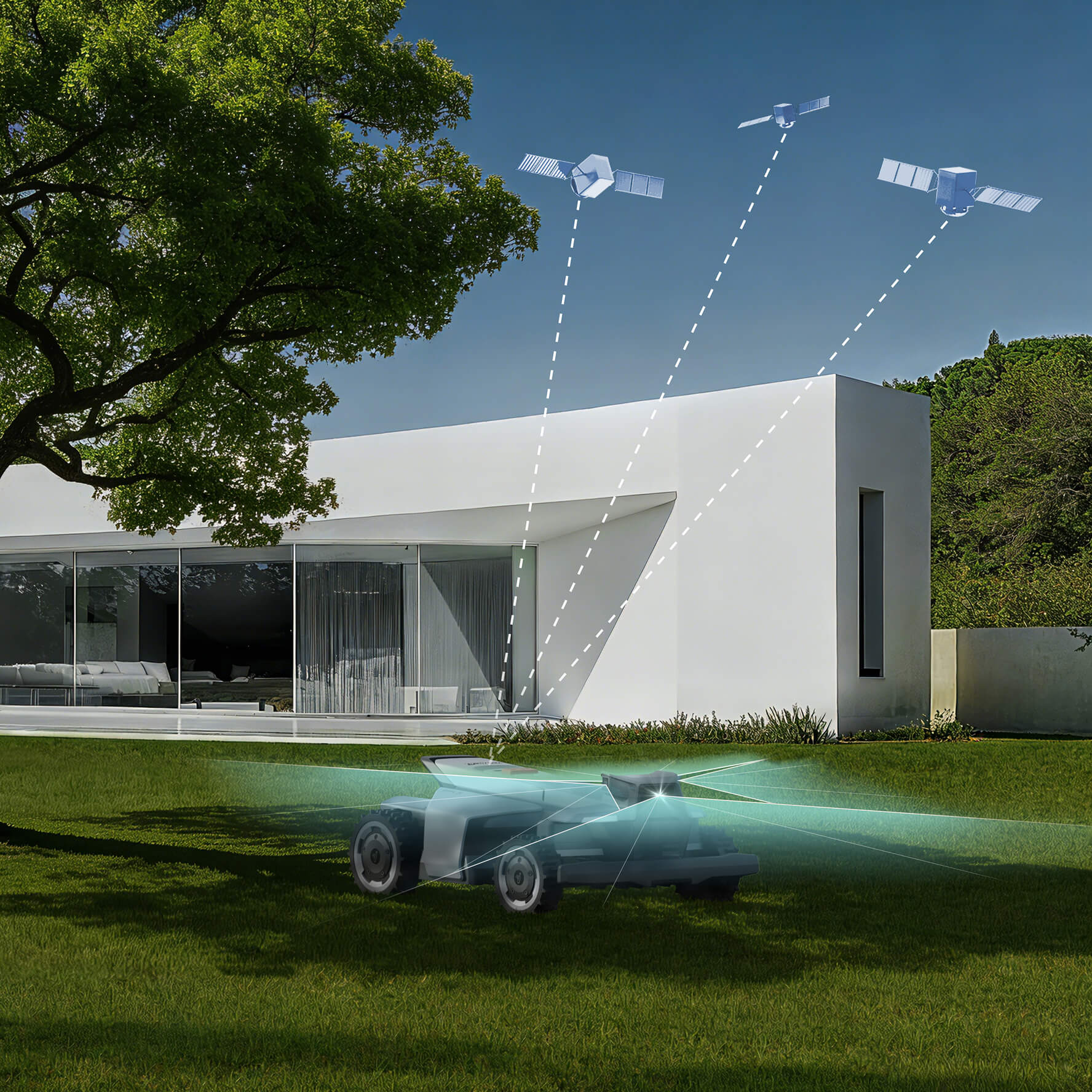 Navimow i105 robotmaaier maait het gras bij een wit huis.
