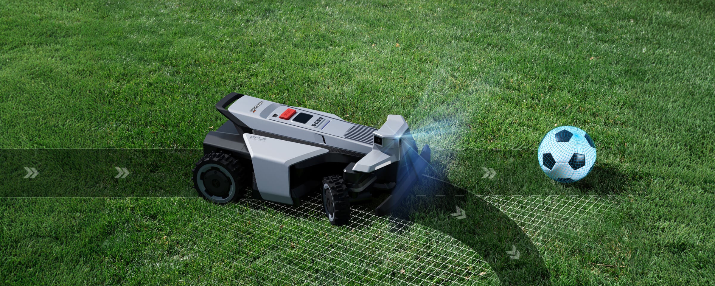 Navimow i105E robotmaaier rijdt op een groen gazon met voetbal.