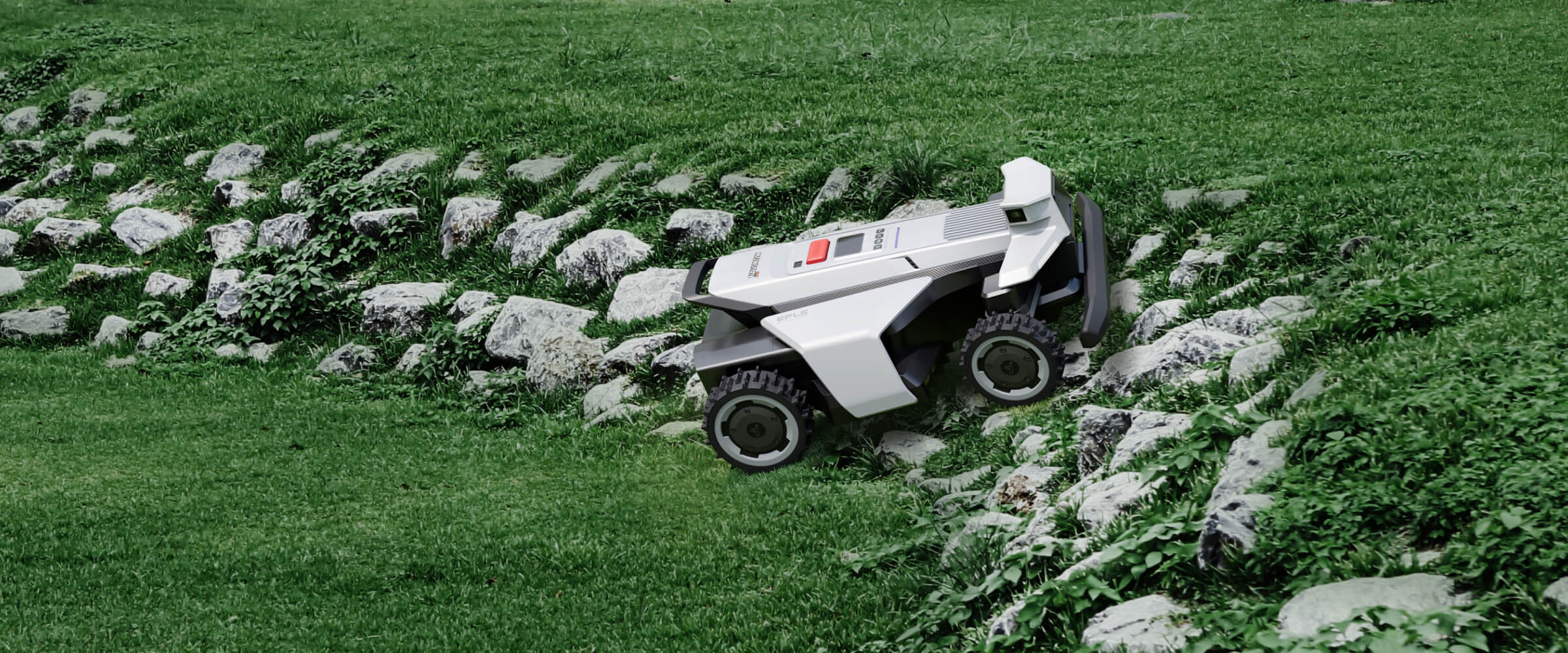Navimow i110E robotmaaier op een helling met gras en rotsen.